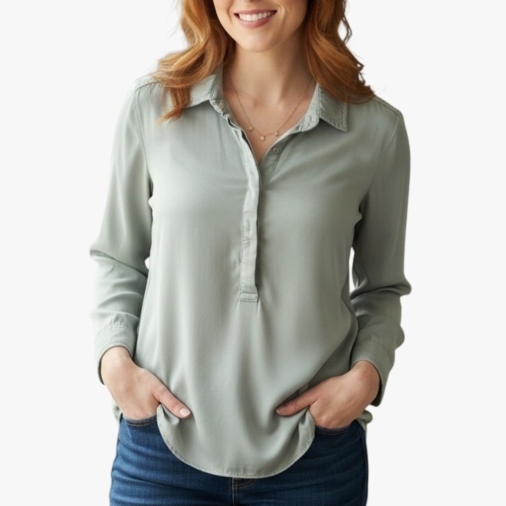 Cloth & Stone Top XS Sage Green Button Front Tencel Lyocell Long Sleeve‎ Blouse